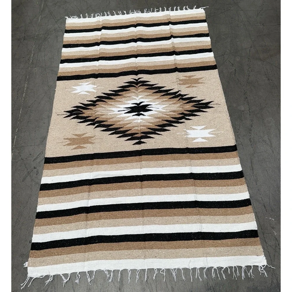 AUTHENTIC Mexican DIAMANTE Blanket Throw Yoga Mat Multi Natural White Brown‎